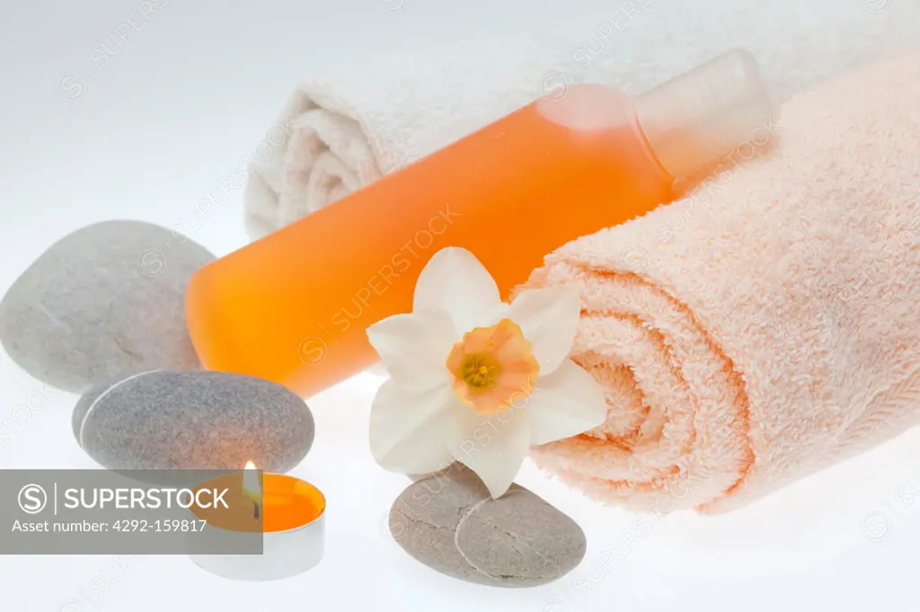 Spa elements for wellness soap, grey stones, candle and flower