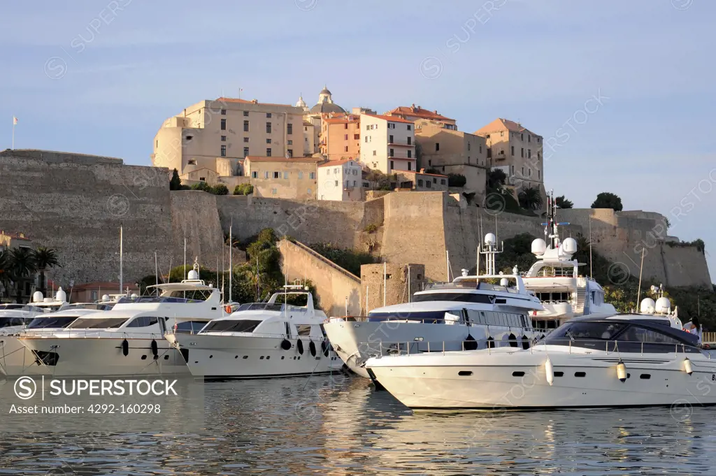 France, Corsica, Calvi, view of harbour and the Citadel