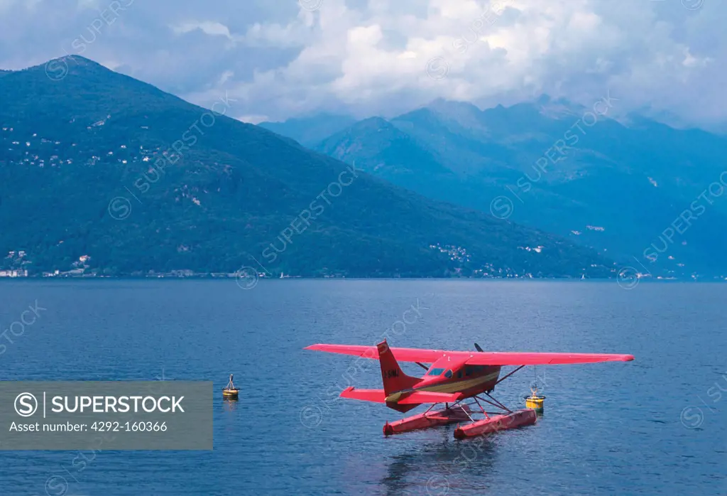 Italy, Lombardy, seaplanes moored in Maggiore Lake near Luino