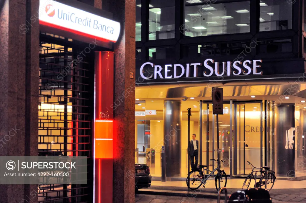 Italy, Milan, bank Credit Suisse and Unicredit bank