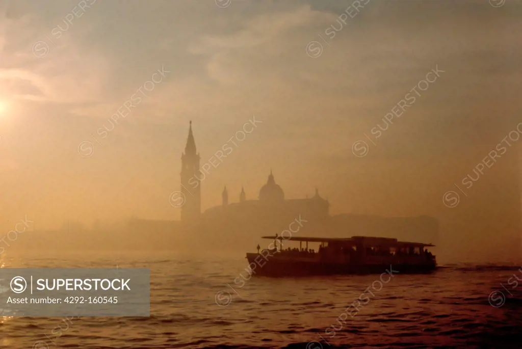 Italy, Venice, boat for public transport and Santa Maria della Salute