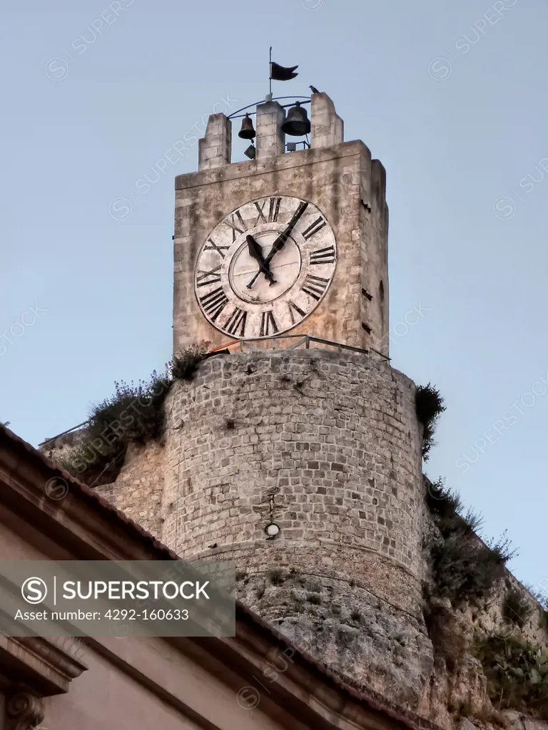 Italy, Sicily, Modica, the clock on the medieval tower