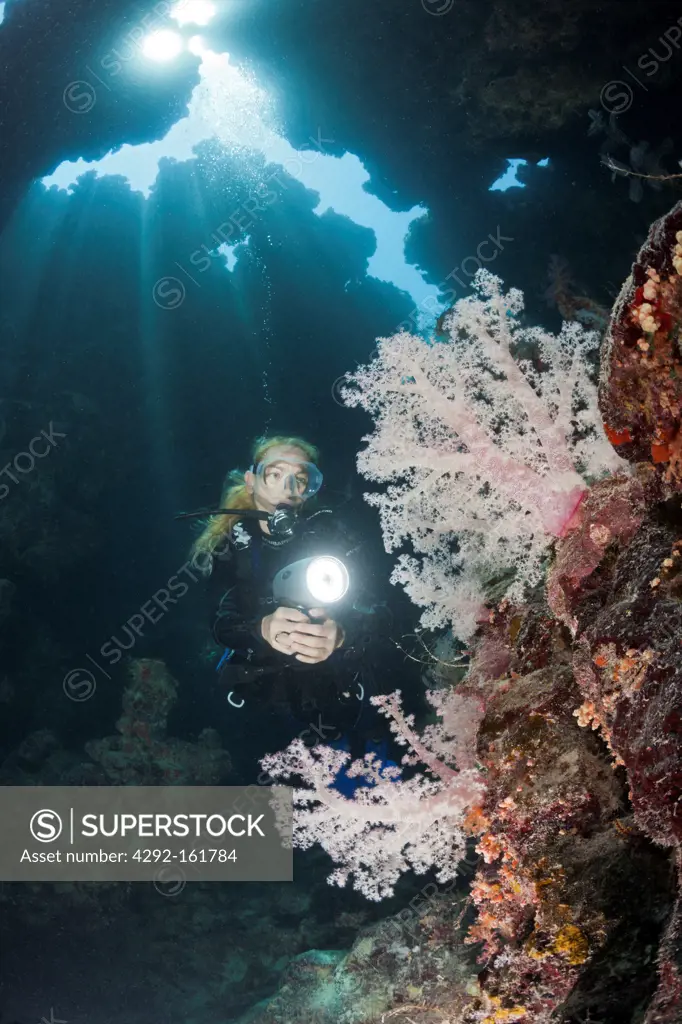 Scuba Diver inside Cave, Zabargad, Red Sea, Egypt