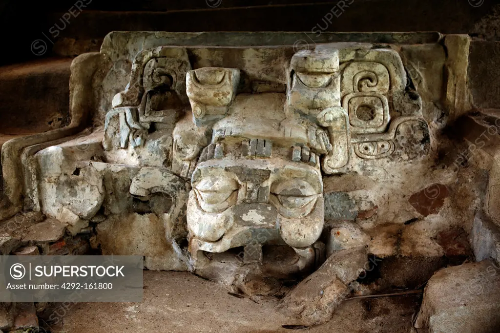 Mexico, Tabasco state, Comalcalco, The Olmec-Mayan ruins, built with kiln-fired bricks, figurehead of Kinich Ahau a sun god