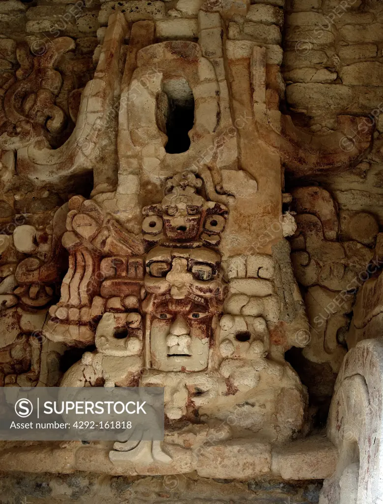 America, Mexico, Campeche State, Becan, archaeological mayan site ruins, mask of the Sun God Kinichna