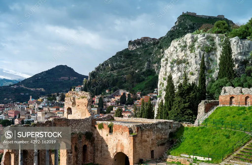 Italy, Sicily, view on Taormina and Castelmola from the Greek theatre