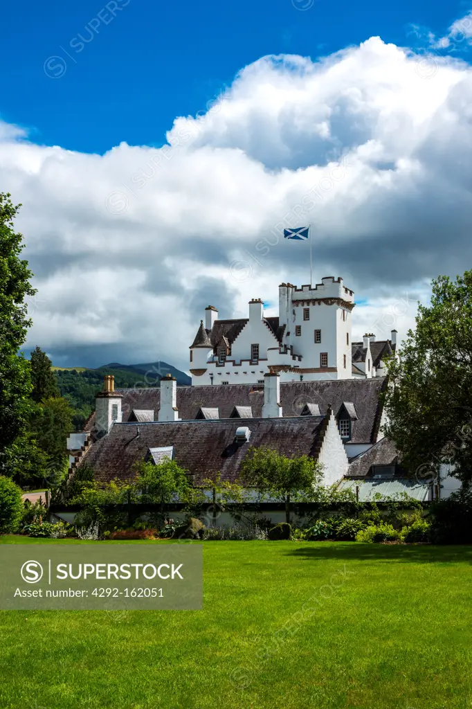 Great Britain, Scotland, Perthshire, Blair Atholl, the Blair castle, home of the Duke of Athool, seen from the garden.