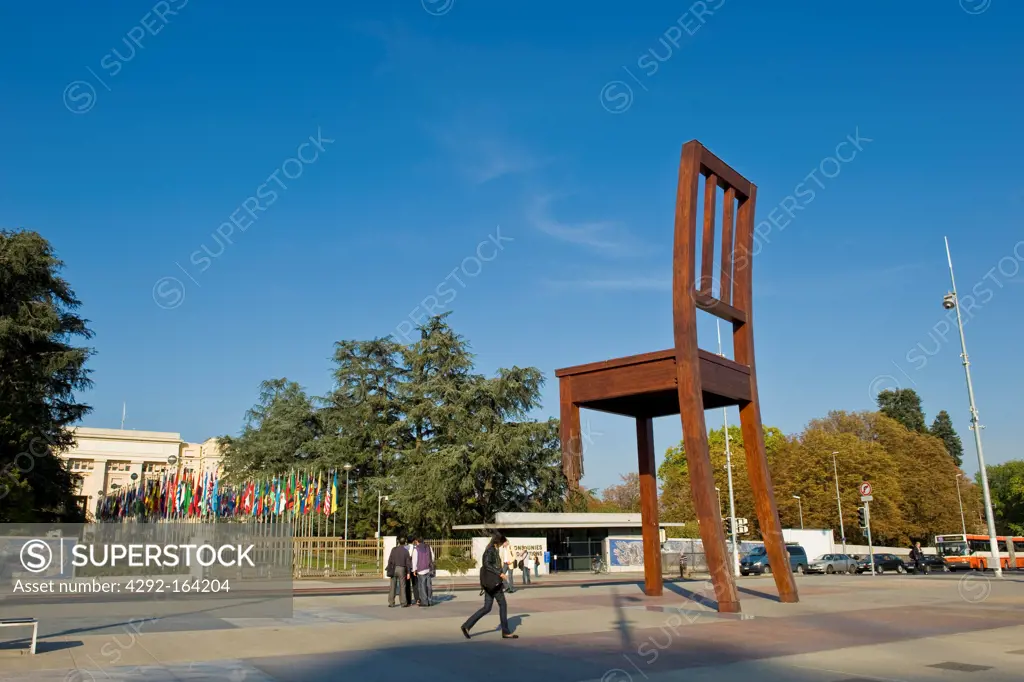 The broken chair by Daniel Berset on the place des nations outside the offices of the United Nations, Geneva, Switzerland