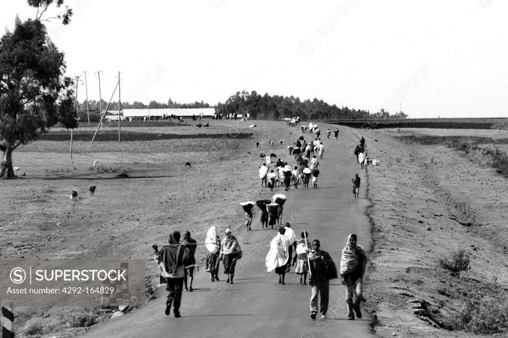 Ethiopia, Surroundings of Debre Markos, people walking along the road to Addis Ababa