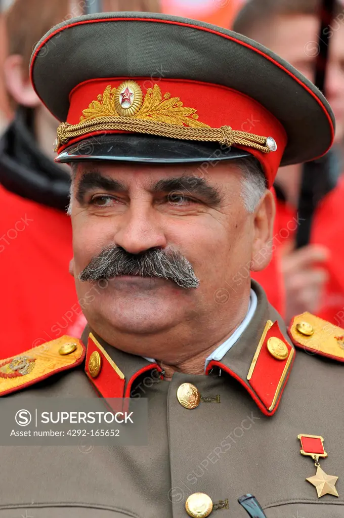 Russia, Moscow, Joseph Stalin double of the Russian Communist Party participate in the 1st of May Day parade in Moscow