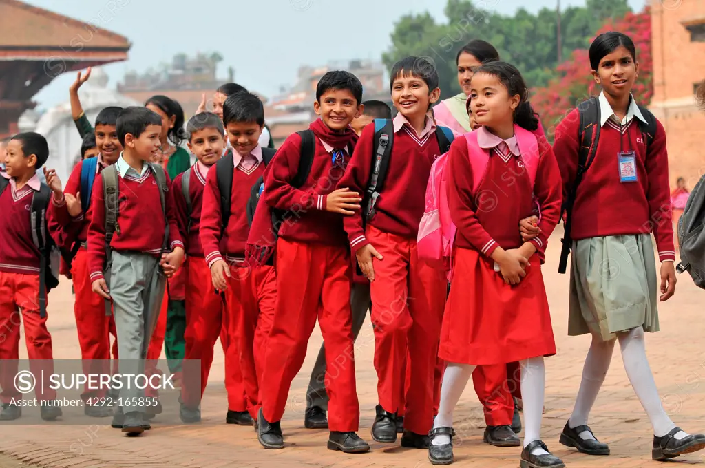 Nepal, Bhaktapur, School kids on Durbar square