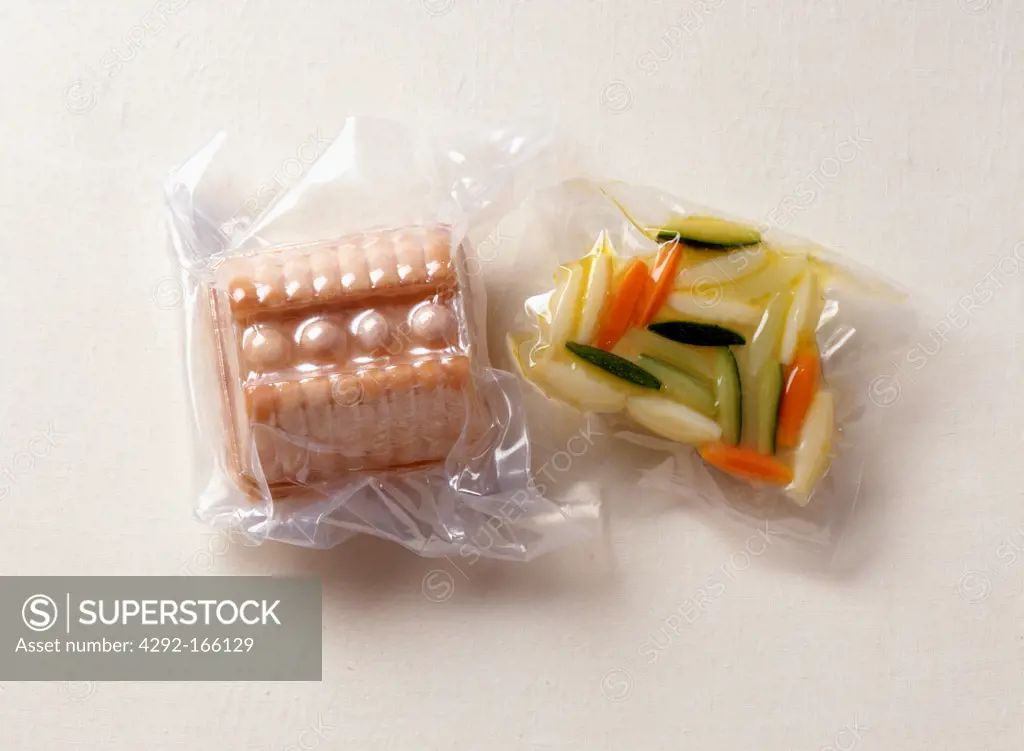 Set of vegetables and chicken meat vacuum packed