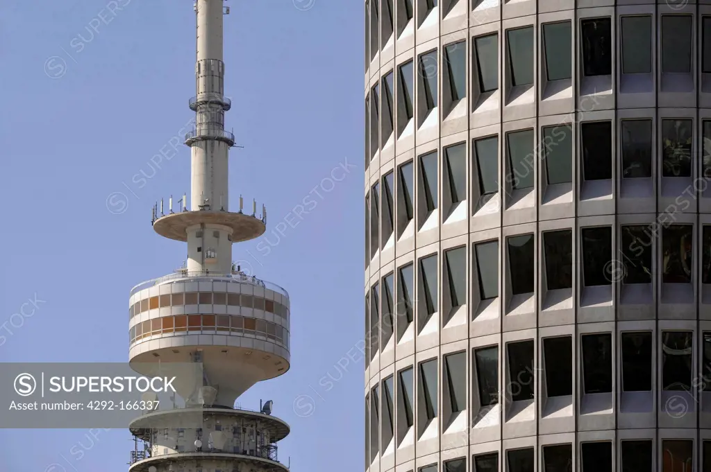 Germany, Munich, headquarters of the BMW car factory and the Olympia Tower