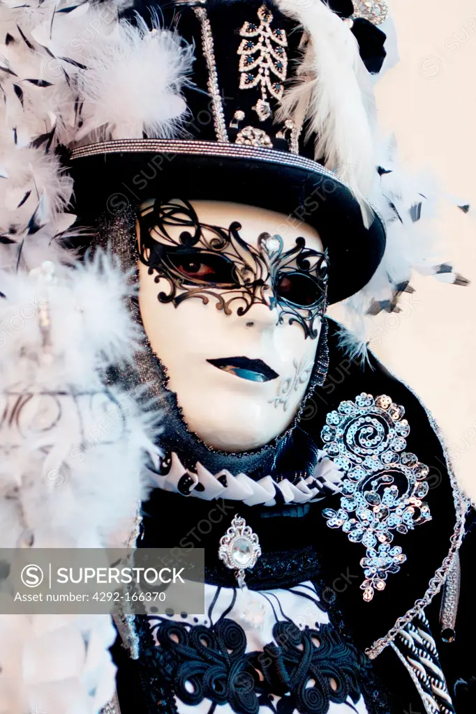 Italy, Veneto, Venice, In black and white - Mask at Venice Carnival