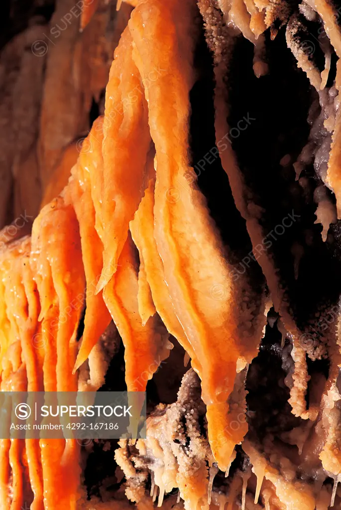 Italy, Apulia, Castellana Caves, detail of stalactite