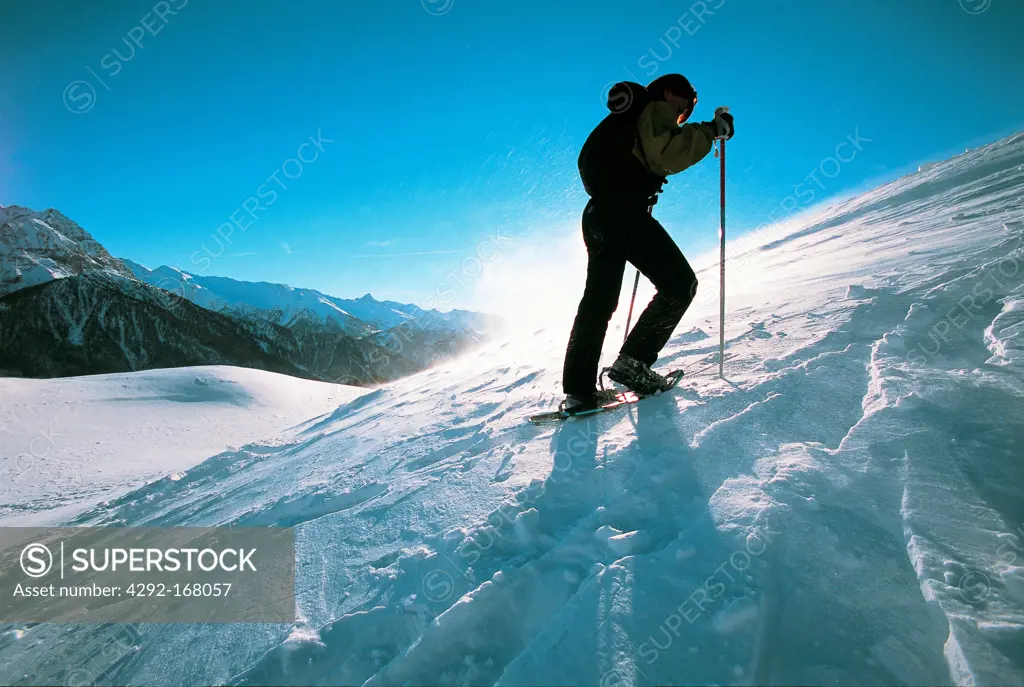 Italy,Piedmont, Valle di Susa, Sestriere, snow rackets
