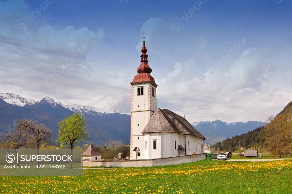 Slovenia, Stara Fuzina, Triglav National Park, Assumption of the Virgin Church in Bitnje
