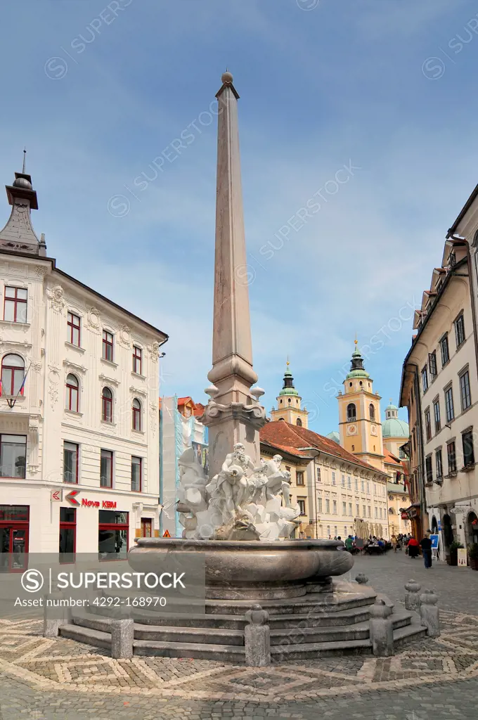 Slovenia, Ljubljana, Obelisk at a town square, Robba Fountain, Ljubljana, Slovenia