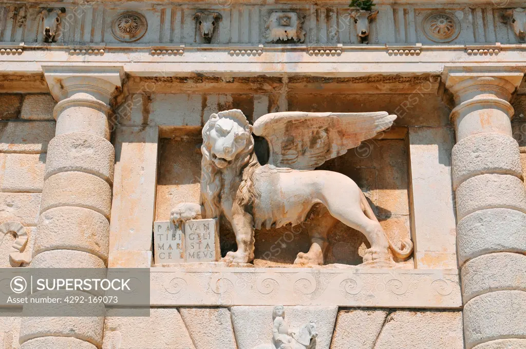 ""Croatia, Zadar, The Lion of Saint Mark, representing the evangelist St Mark on Zadar's """"Kopnena vrata"""" (Landward Gate) ""