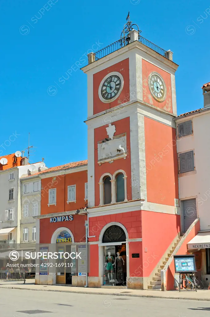 Croatia, Istria, Rovinj, The clock Tower on Main Square, Rovinj