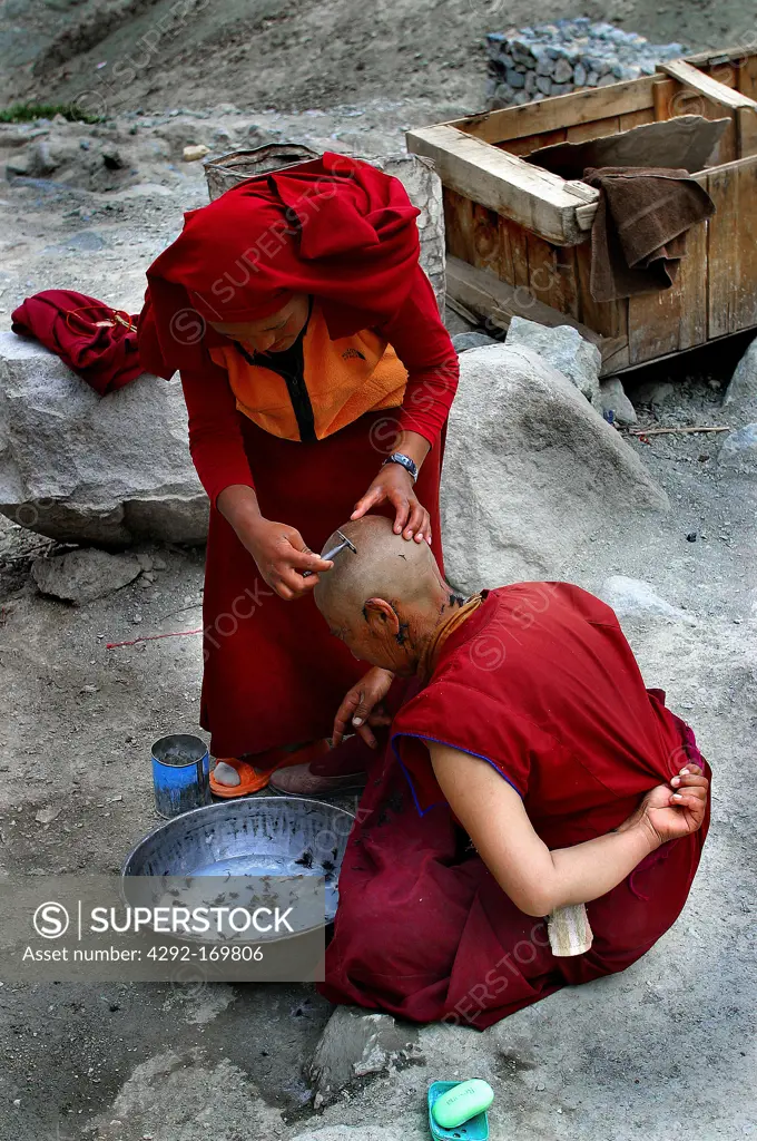 India, Ladakh, nun's shaving head at Nunnery monastery