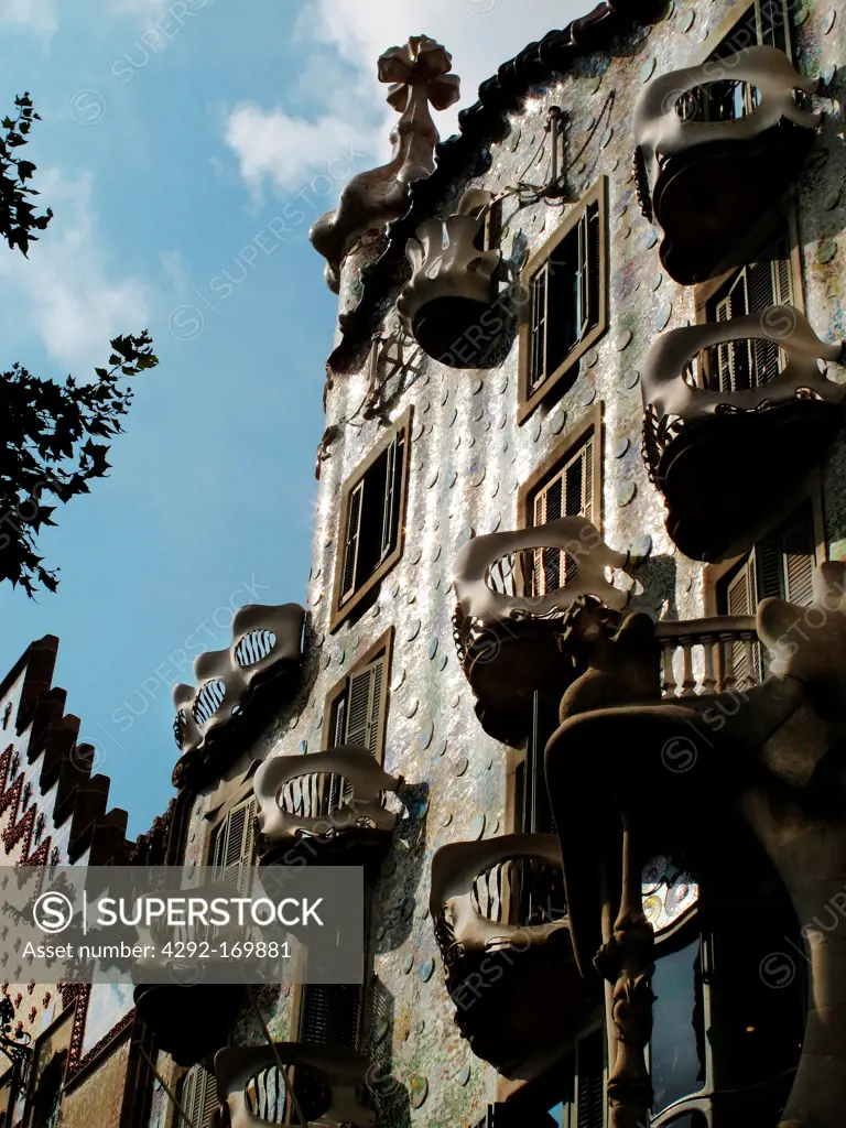 Spain, Catalonia, Barcelona, facade of Casa Batlo, designed by Antoni Gaudi