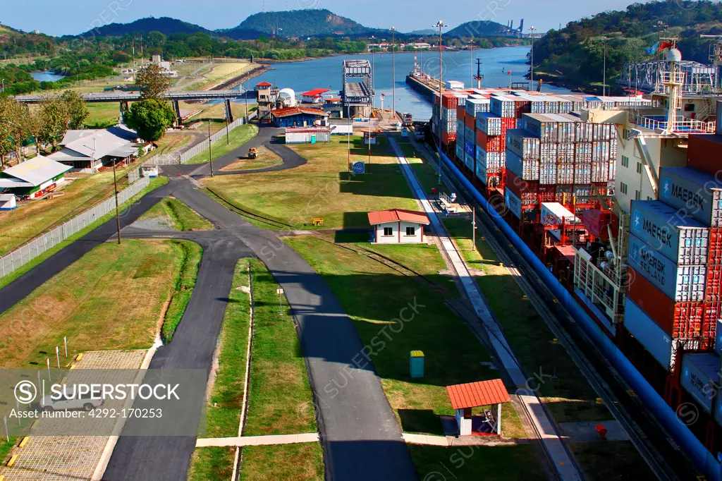 Central America, Panama, ship passing through Panama canal