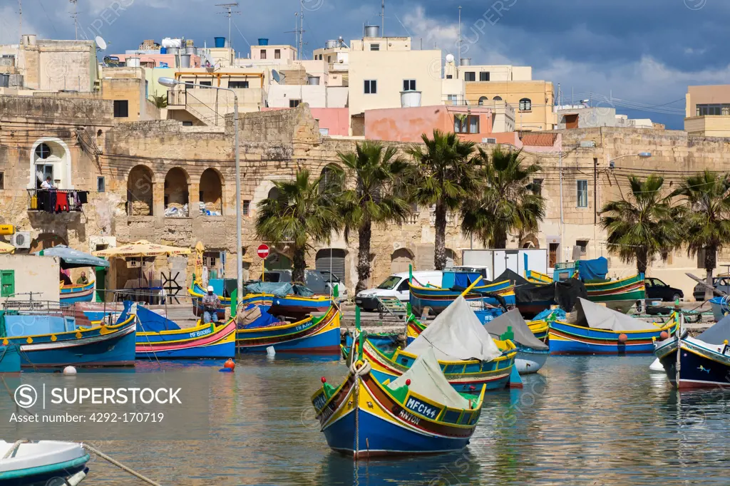 Europe, Malta, Marsaxlokk city and harbor.