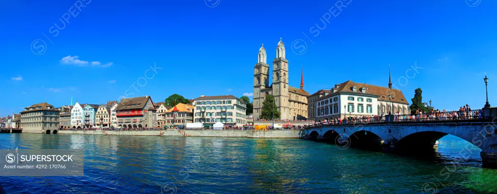 Switzerland, Zurich, Cathedral and Limmat river.