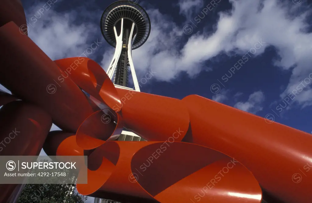 USA, Washington, Seattle Center, Space Needle and Sculpture of A. Lieberman