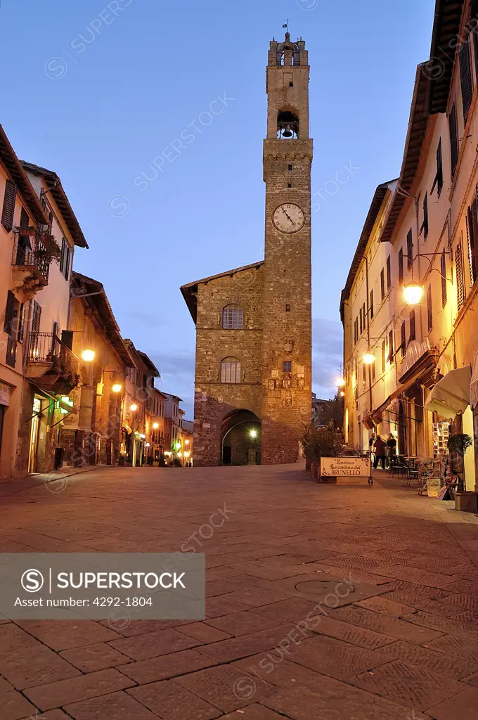 Italy, Tuscany, Montalcino, Palazzo COmunale, City Hall at Dusk
