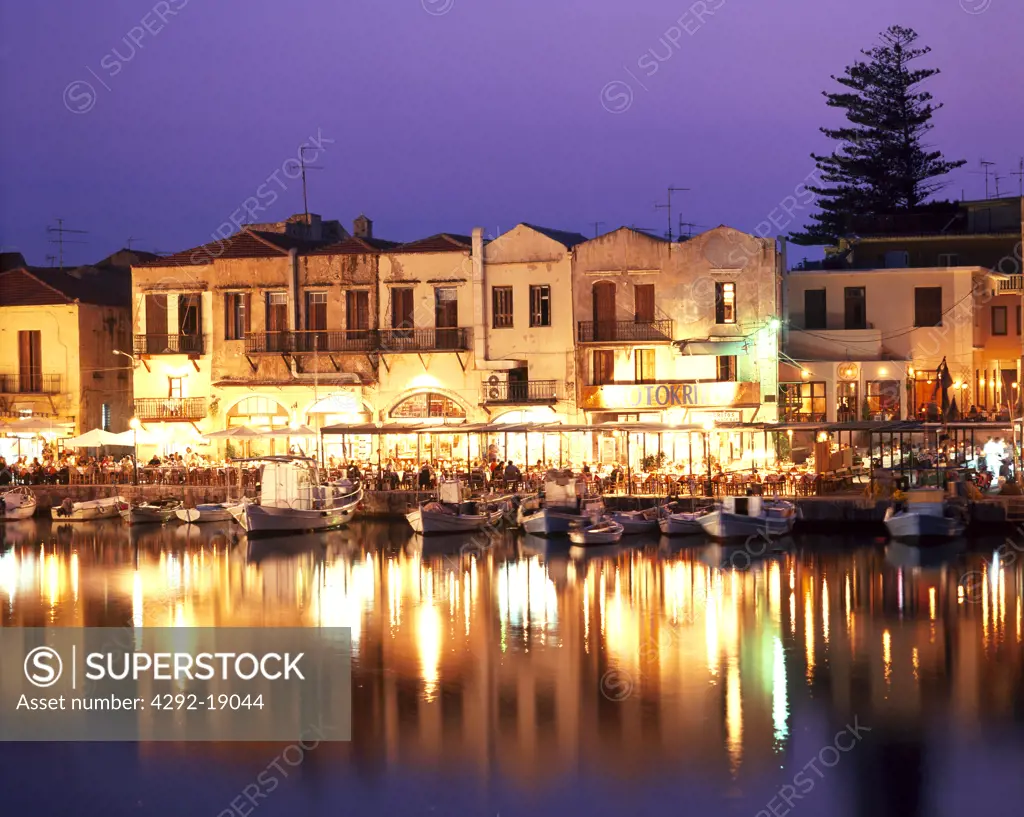 Europe, Greece, Western Crete, Rethymnon the Venetian harbour at dusk