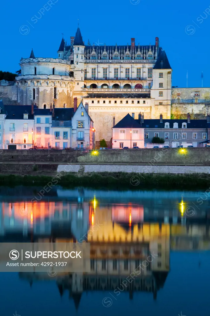 France, Indre-et-Loire, Amboise, Chateau Royal at Dusk