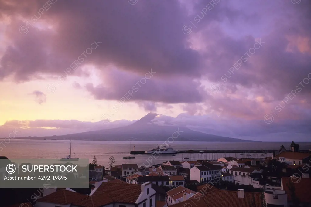 Azores, Faial Island, Horta Marina, view of the town and Pico Island