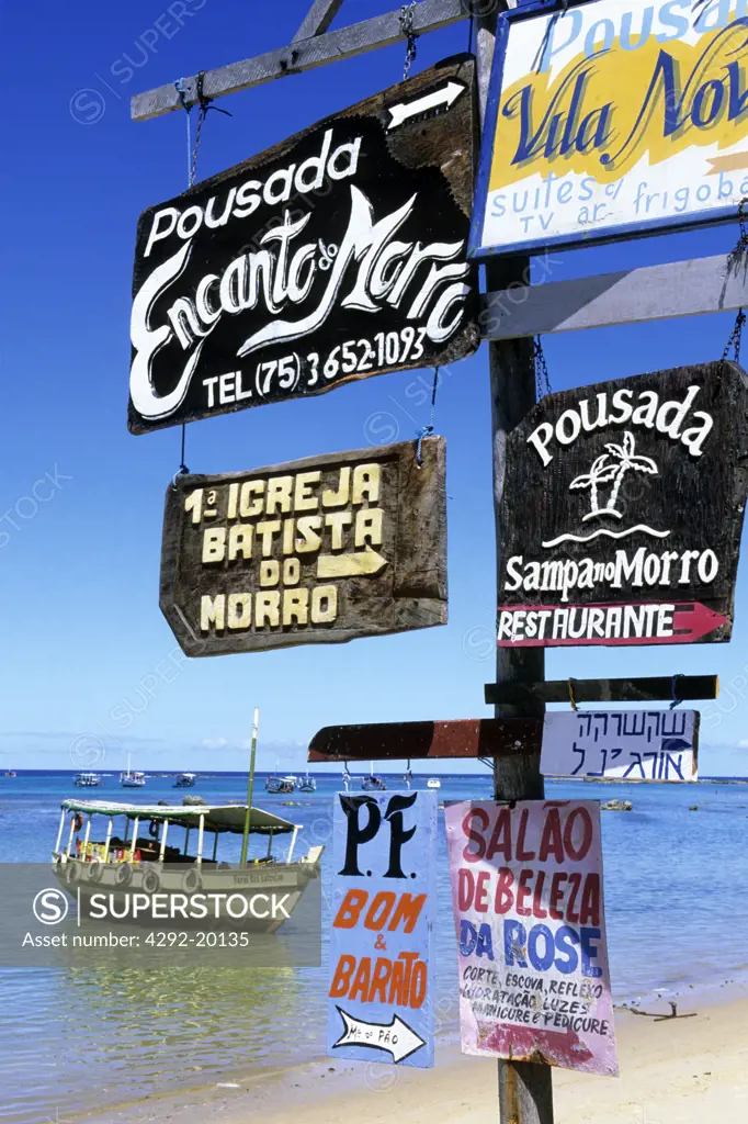 South America, Brazil, Bahia, Sao Paulo island sign on the beach
