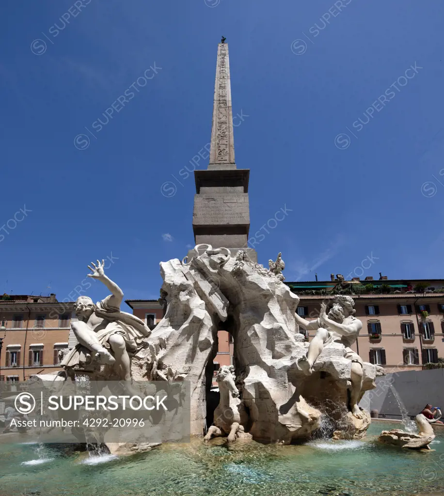 Italy, Lazio, Rome, Piazza Navona, Bernini's Four Rivers fountain