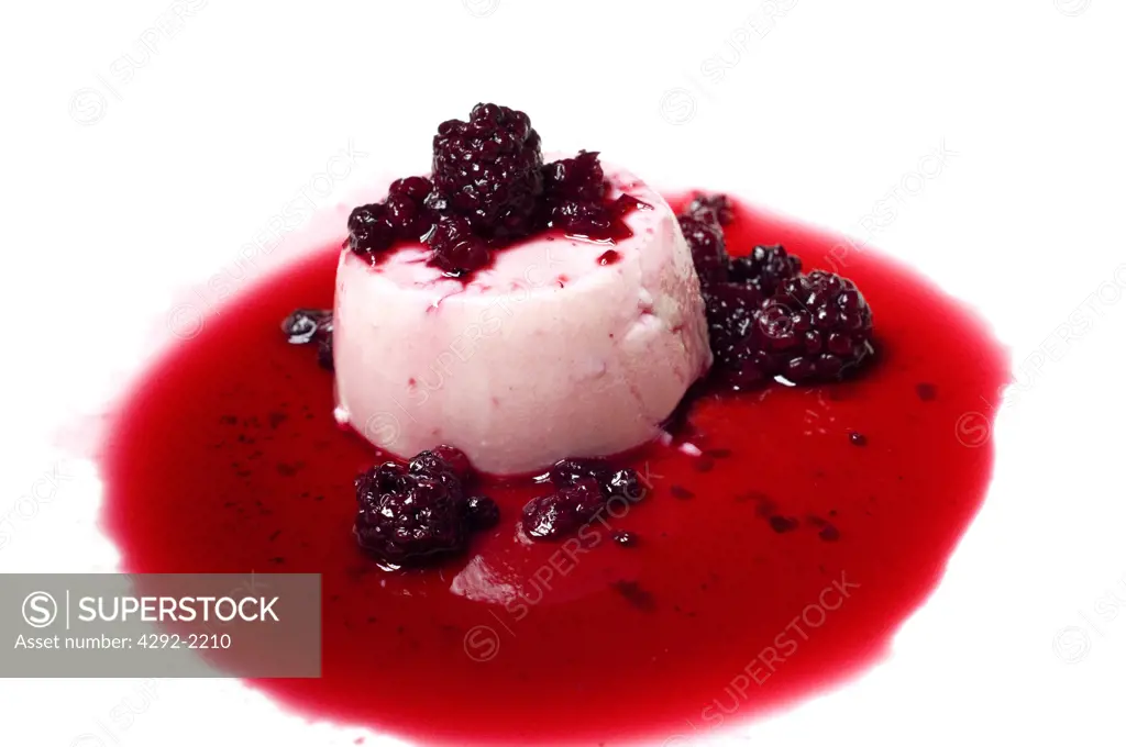 Italy, Trentino Alto Adige, Trento, Restaurant, Panna Cotta with Blackberries Dessert