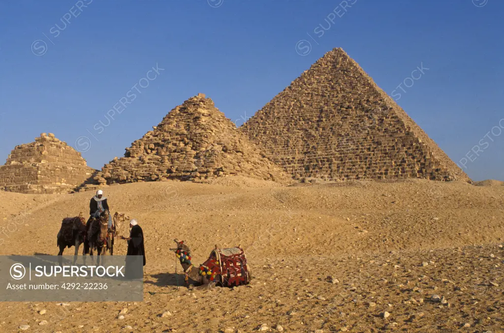Egypt, Cairo. Giza Pyramids, Cheops,Chepren and Mycerinus and Camels