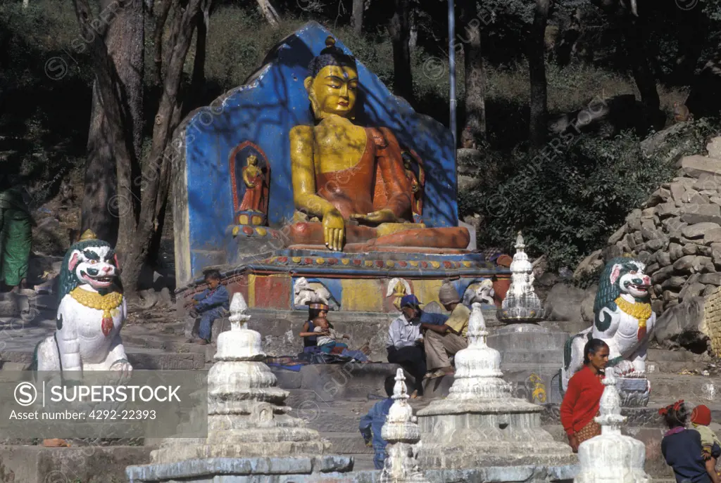 Nepal, Katmandu. Budda statue at Swoyambhunath temple