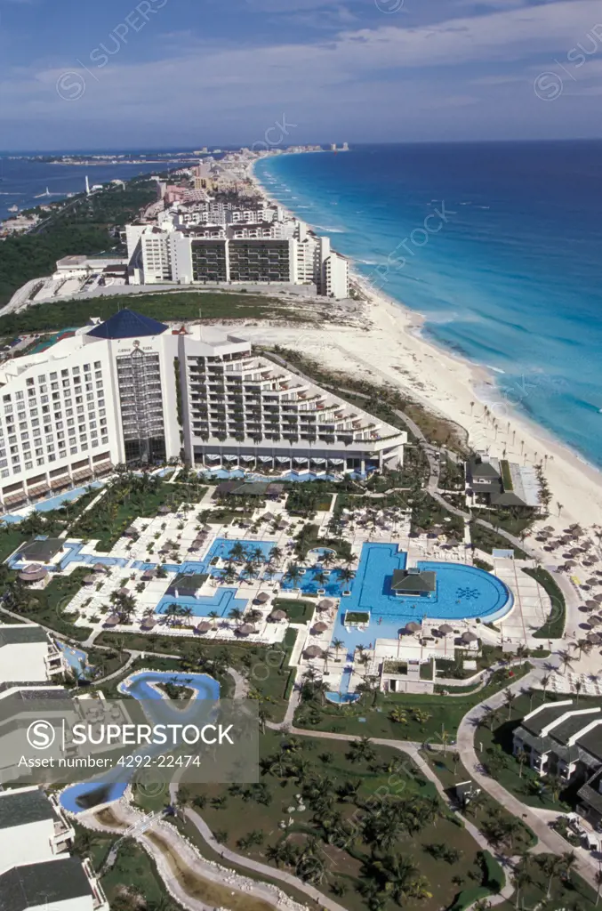 Mexico,Cancun the hotels on the beach, aerial view