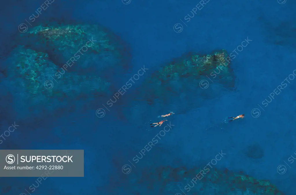 British Virgin Islands, Virgin Gorda, The Baths, people snorkeling aerial view