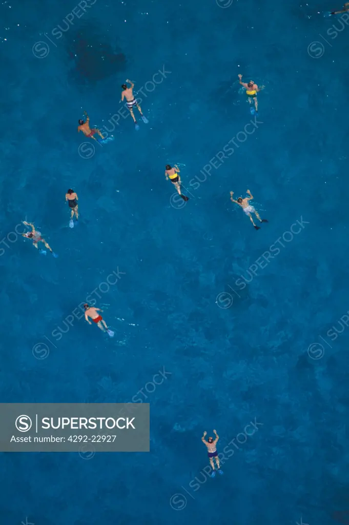 British Virgin Islands, Virgin Gorda, The Baths, people snorkeling aerial view