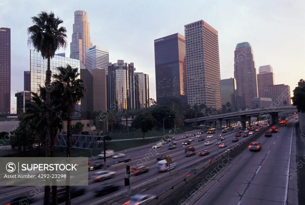 Usa California Los Angeles skyline at dusk