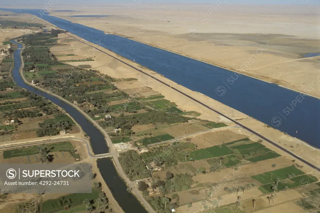 Egypt, aerial view of the Suez canal