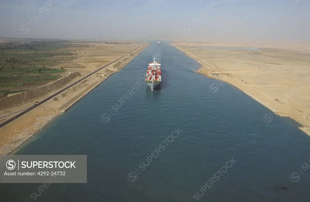 Egypt, aerial view of the Suez canal.