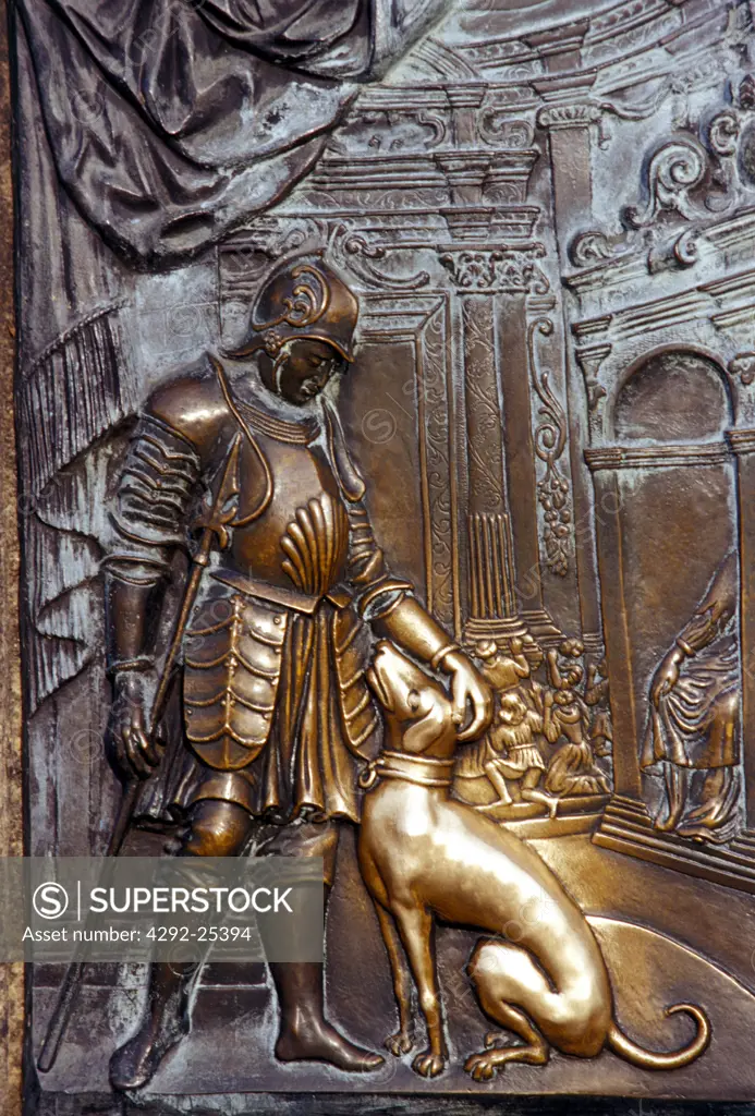 Europe, Czech Republic, Prague, Charles Bridge, statue of Saint John with engravings of Brokoff