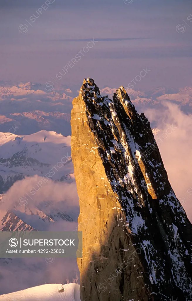 Italy, Alps, view of the Mont Blanc massif and the Giant's Tooth peak