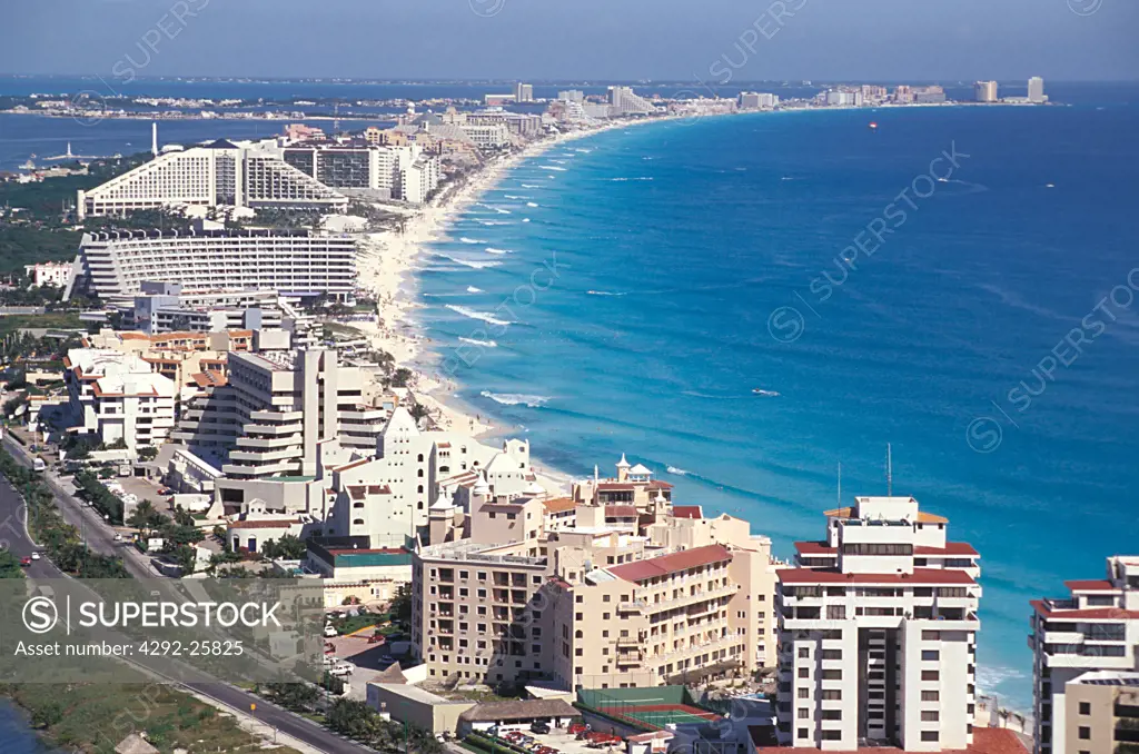 Mexico, Quintana Roo, Cancun. The beach and hotels aerial view