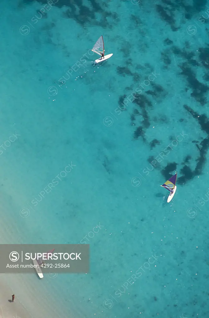 Aerial view of windsurfers