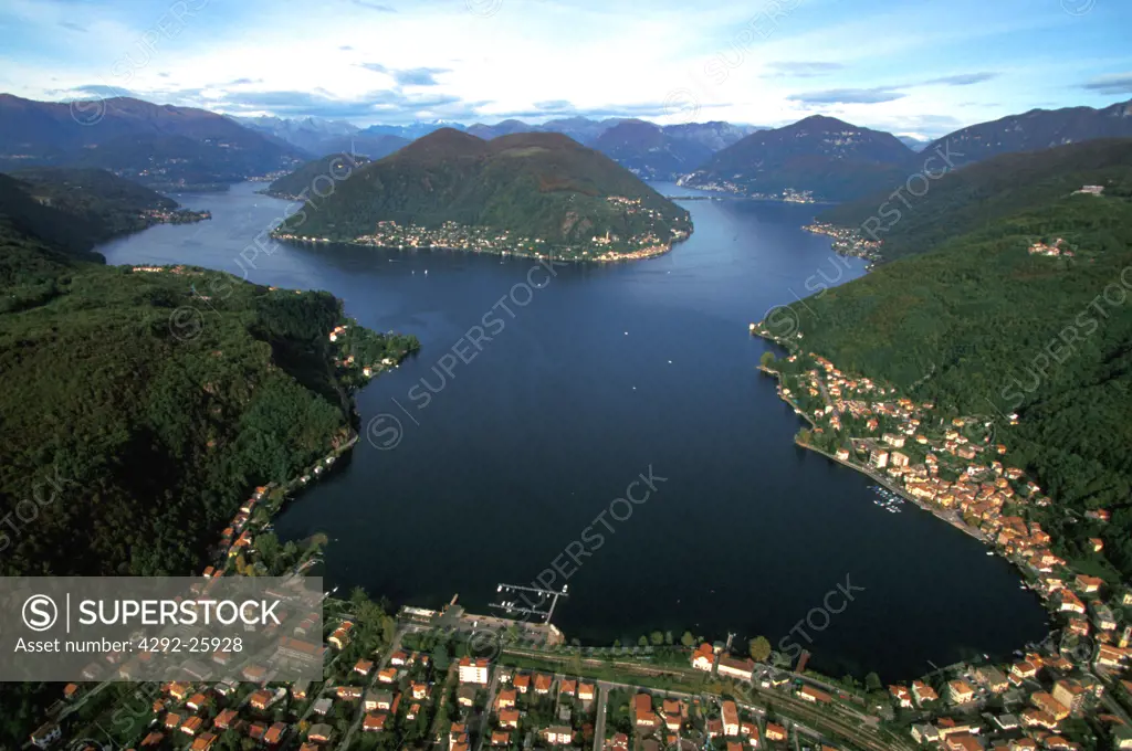 Italy, lake Ceresio, Porto Ceresio aerial view